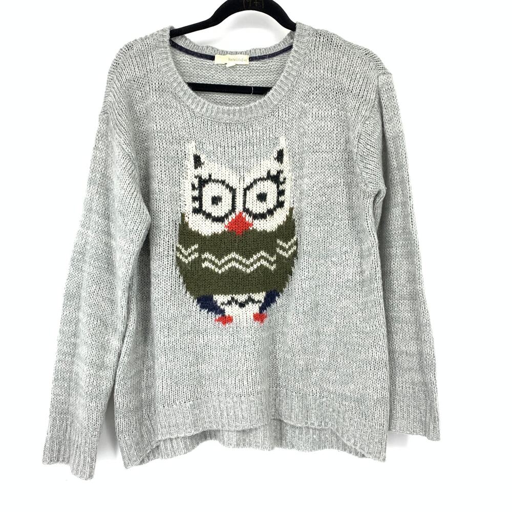 Rewind Sweater Womens Large Gray Large Owl Graphic Marled Knit High-Low Hem